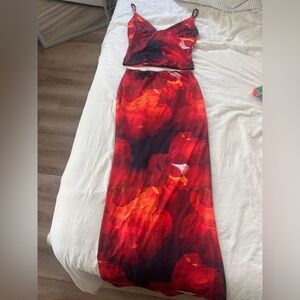 Amazon Red and Black Floral Two-Piece Maxi Dress Set